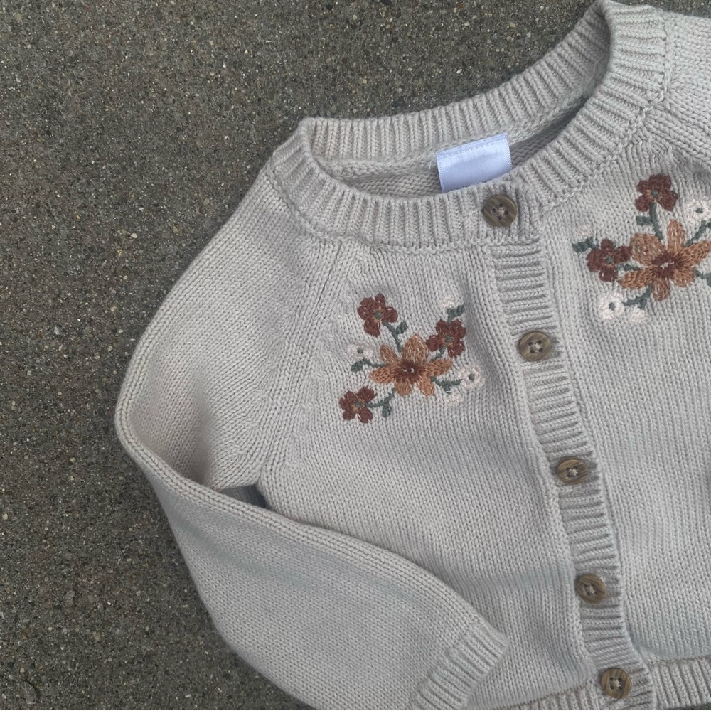 Cream Embroidered Button Front Knit Sweater